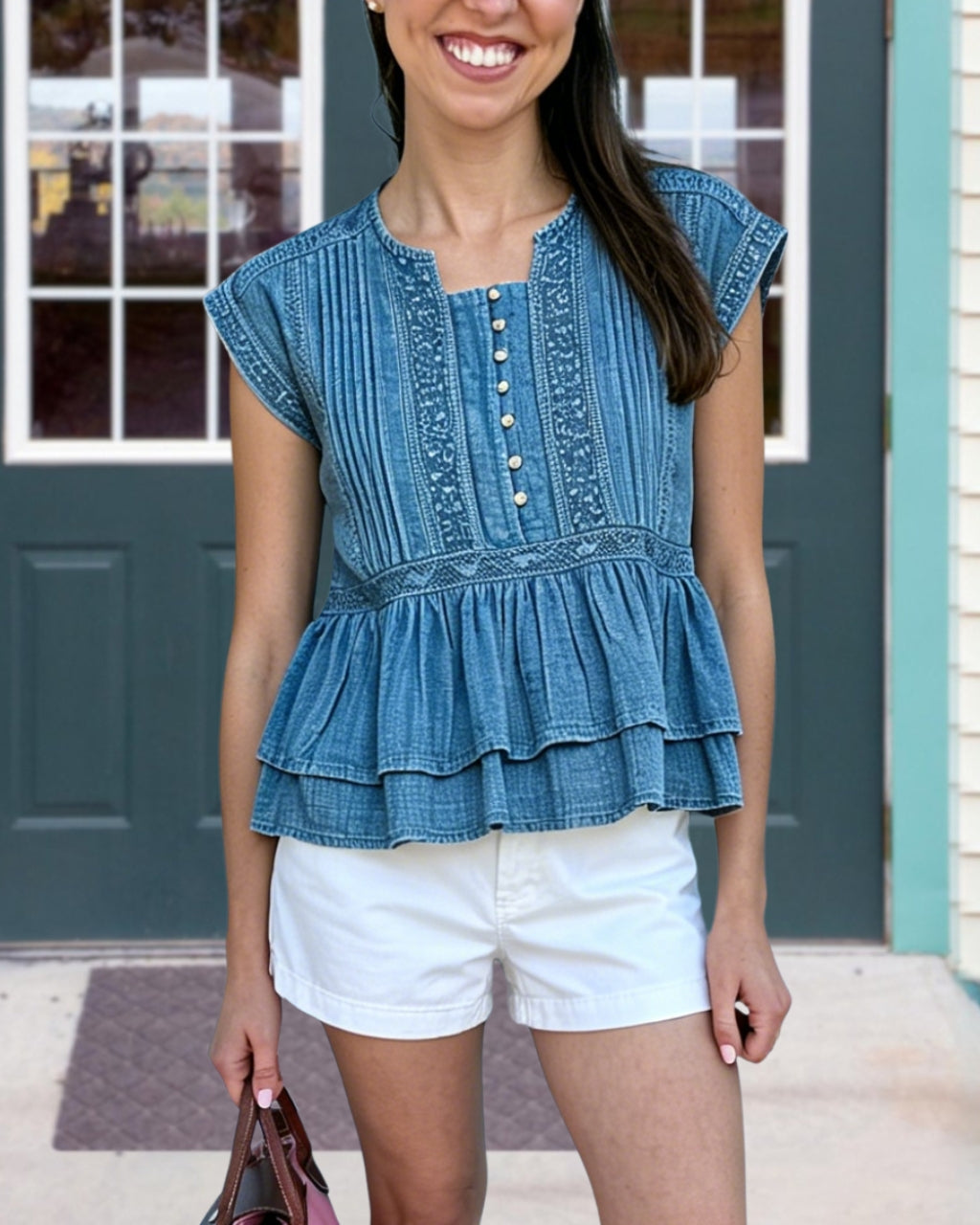 Pleated Sleeveless Denim Top