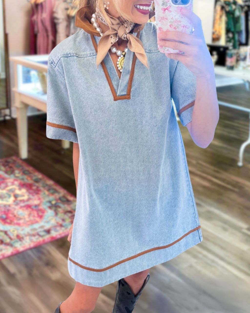 Washed Denim V-Neck Mini Dress