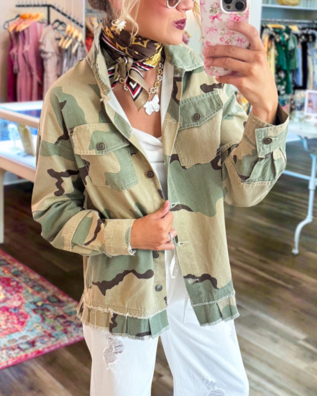 Trendy Camo Ruffle Hem Jacket