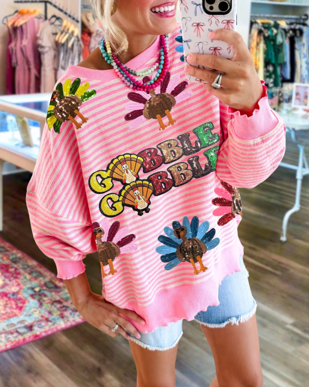 Playful Gobble Turkey Sequin Sweatshirt