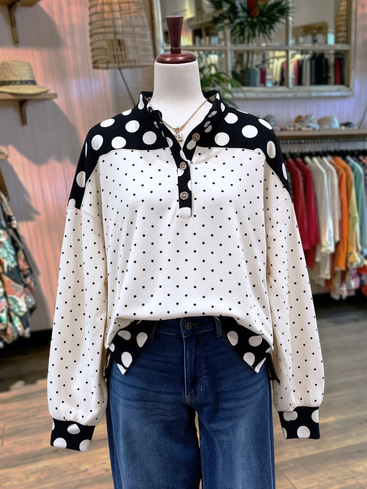 Polka-Dot Patchwork Long-Sleeve Top