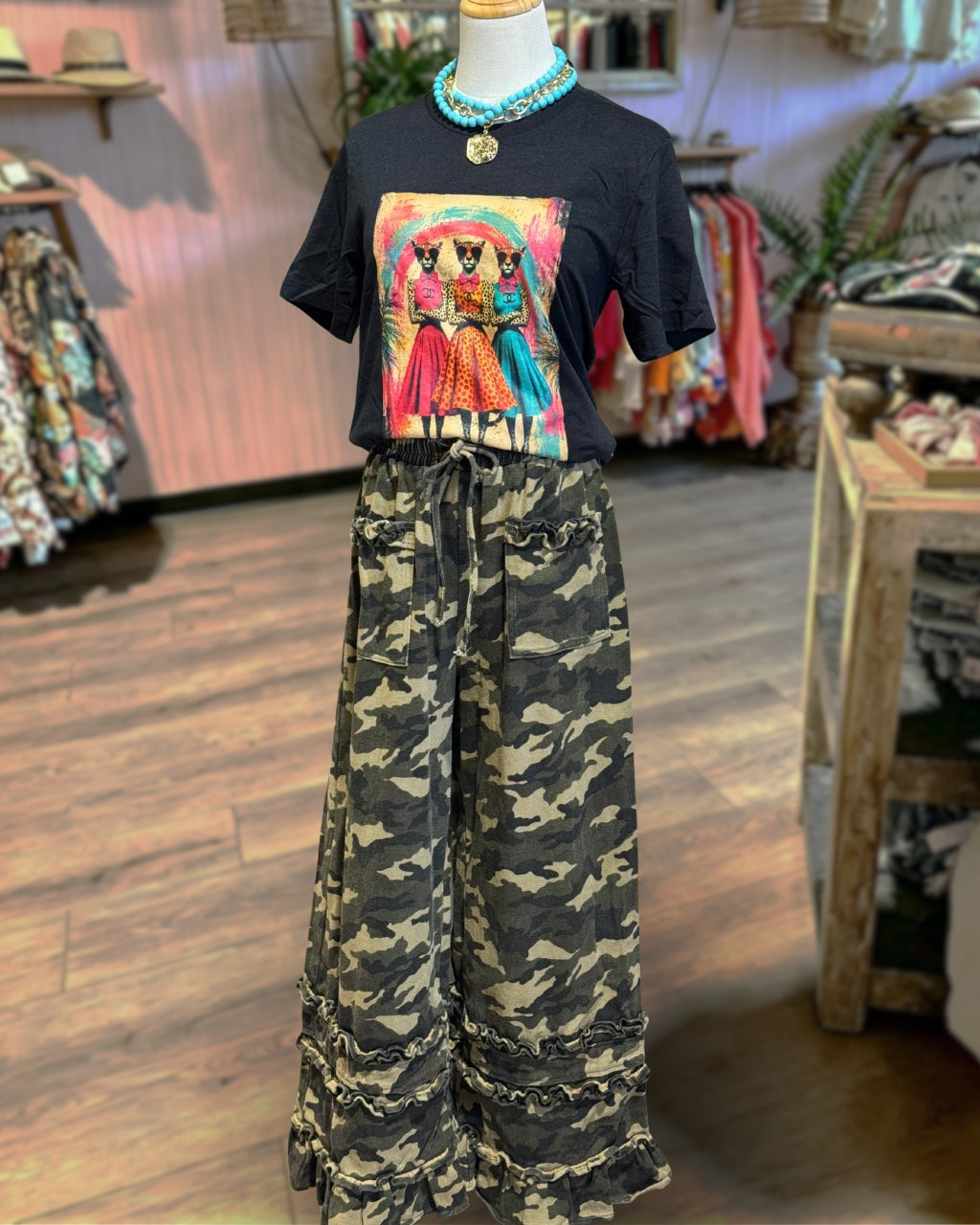 Duo Ruffle Trim Camo Pants