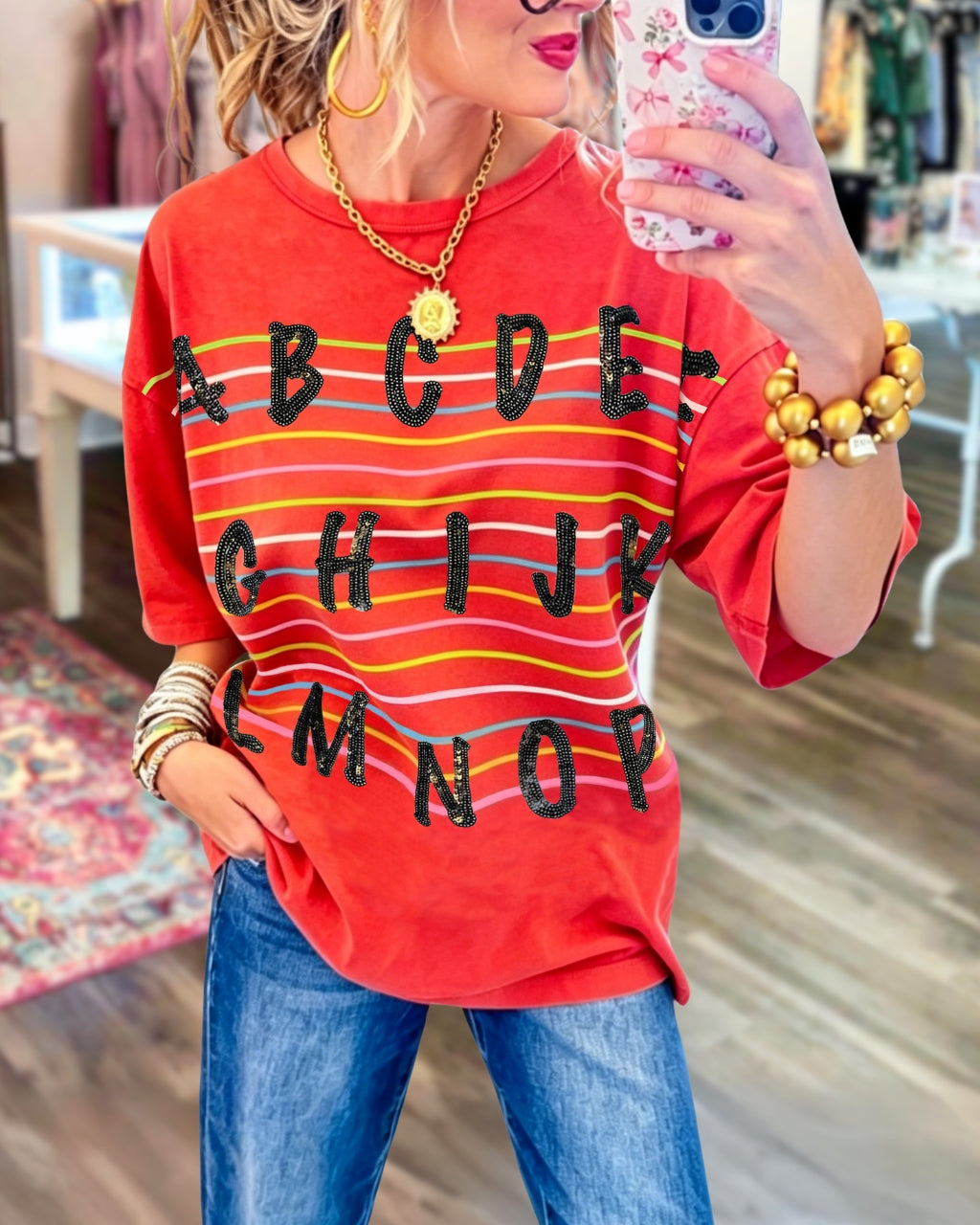 Letter Sequin Colorful Striped T-Shirt