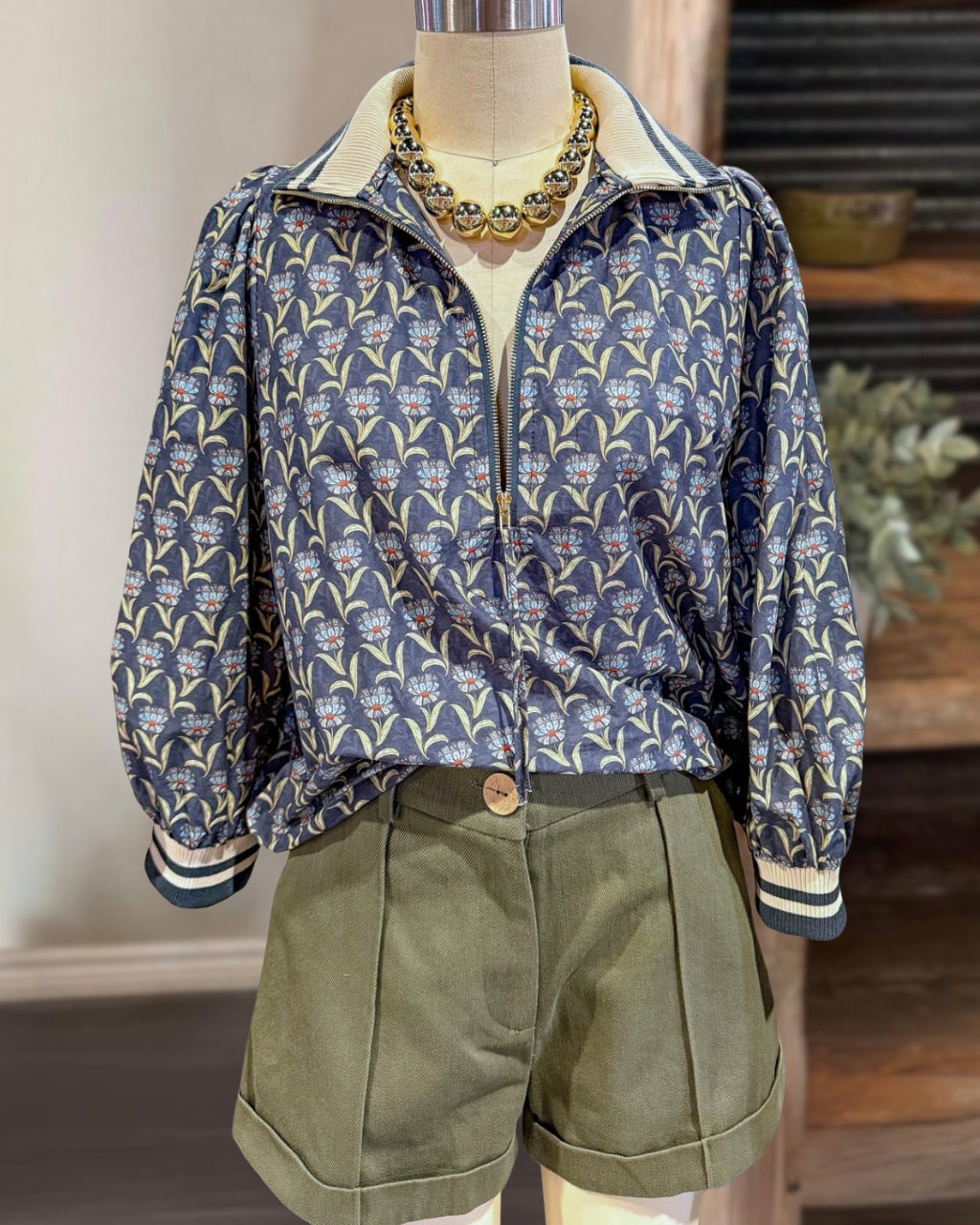 Floral-Patterned Half-Zip Top