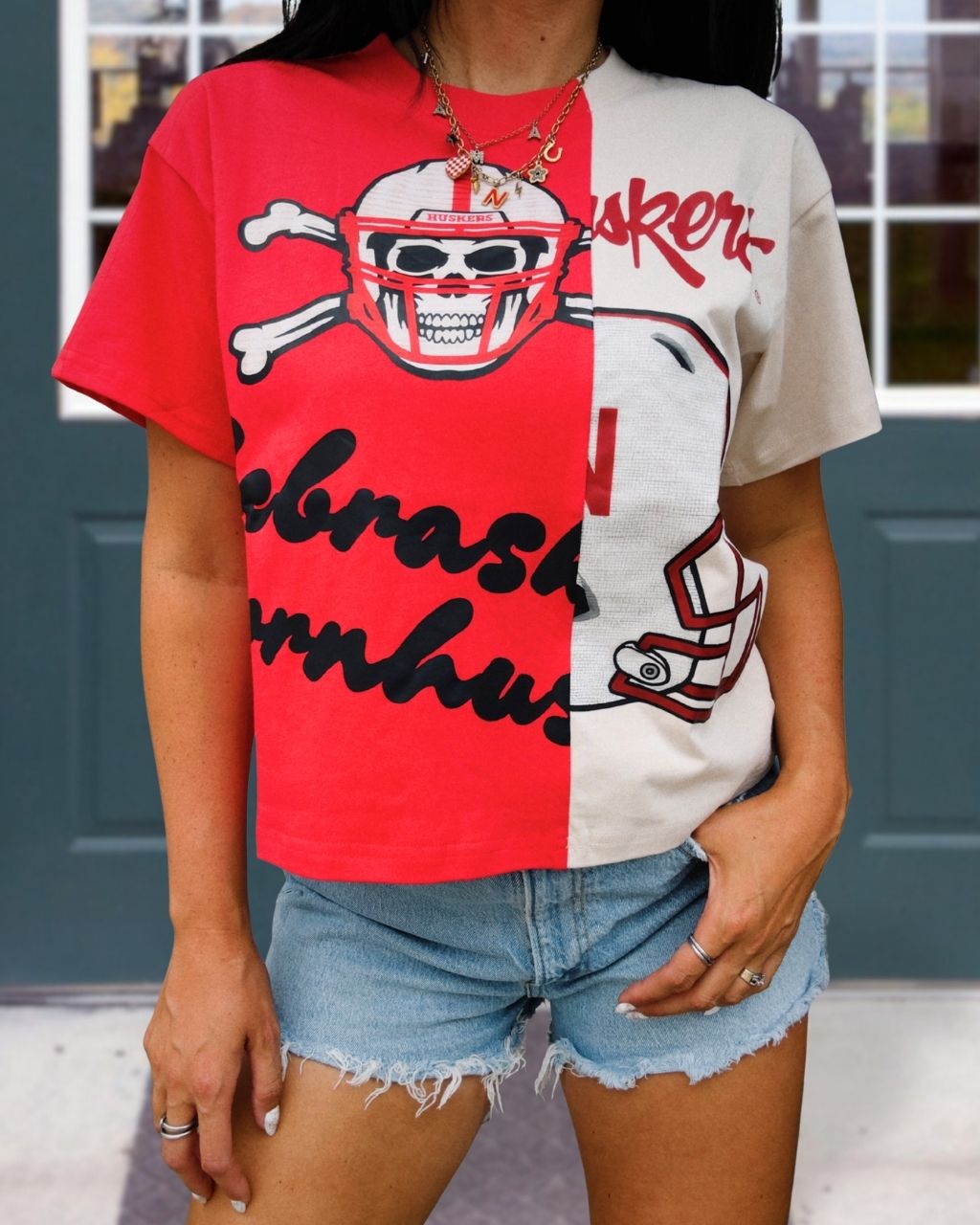 Football Color-blocked Skull Print T-shirt