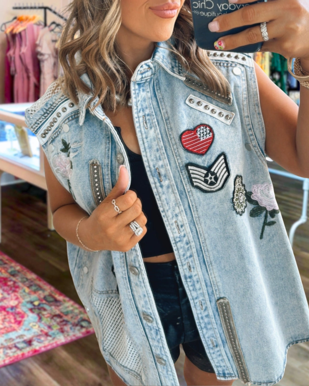 Embroidered Rhinestone Denim Vest