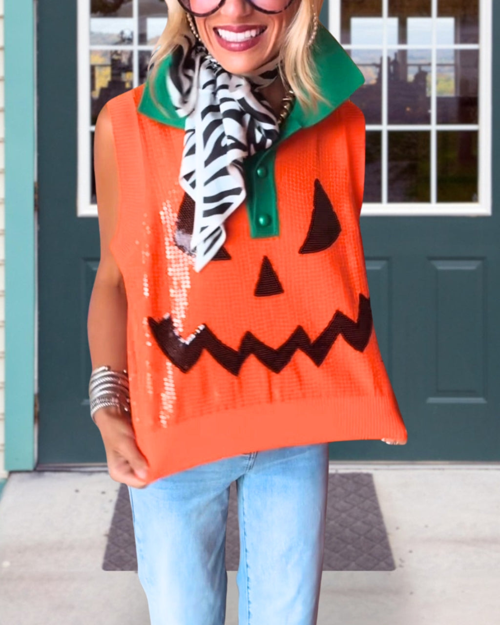 Sequin Pumpkin Smiley Face Vest