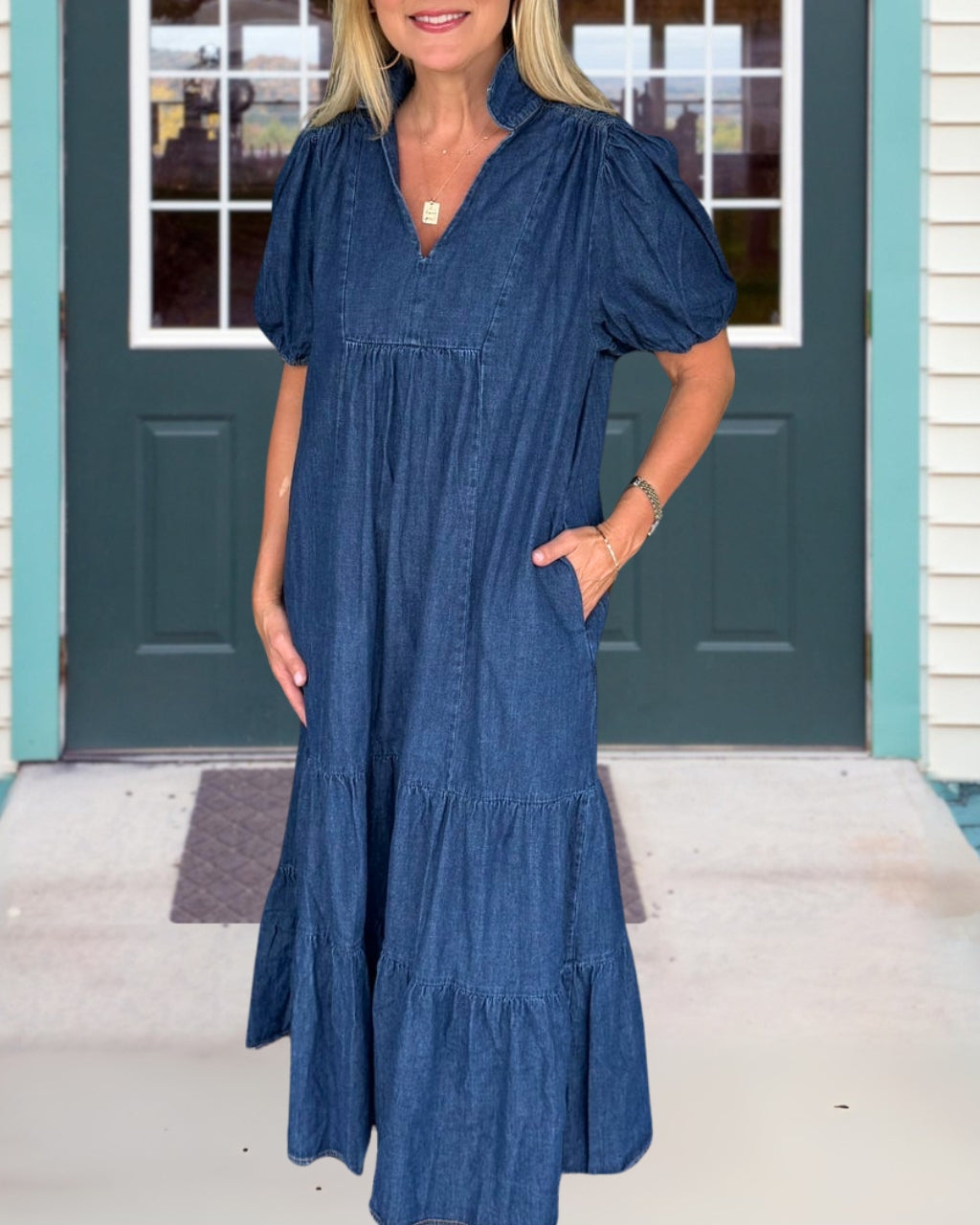 Puff Sleeve Denim V-neck Dress