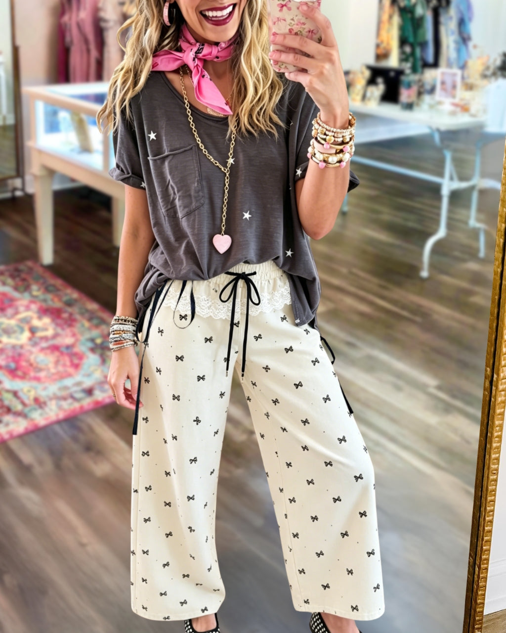 Bow Lace-trimmed Wide-leg Pants