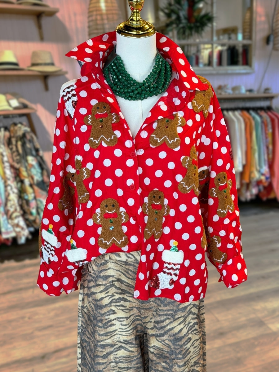 Gingerbread Man Embroidered Patch Shirt