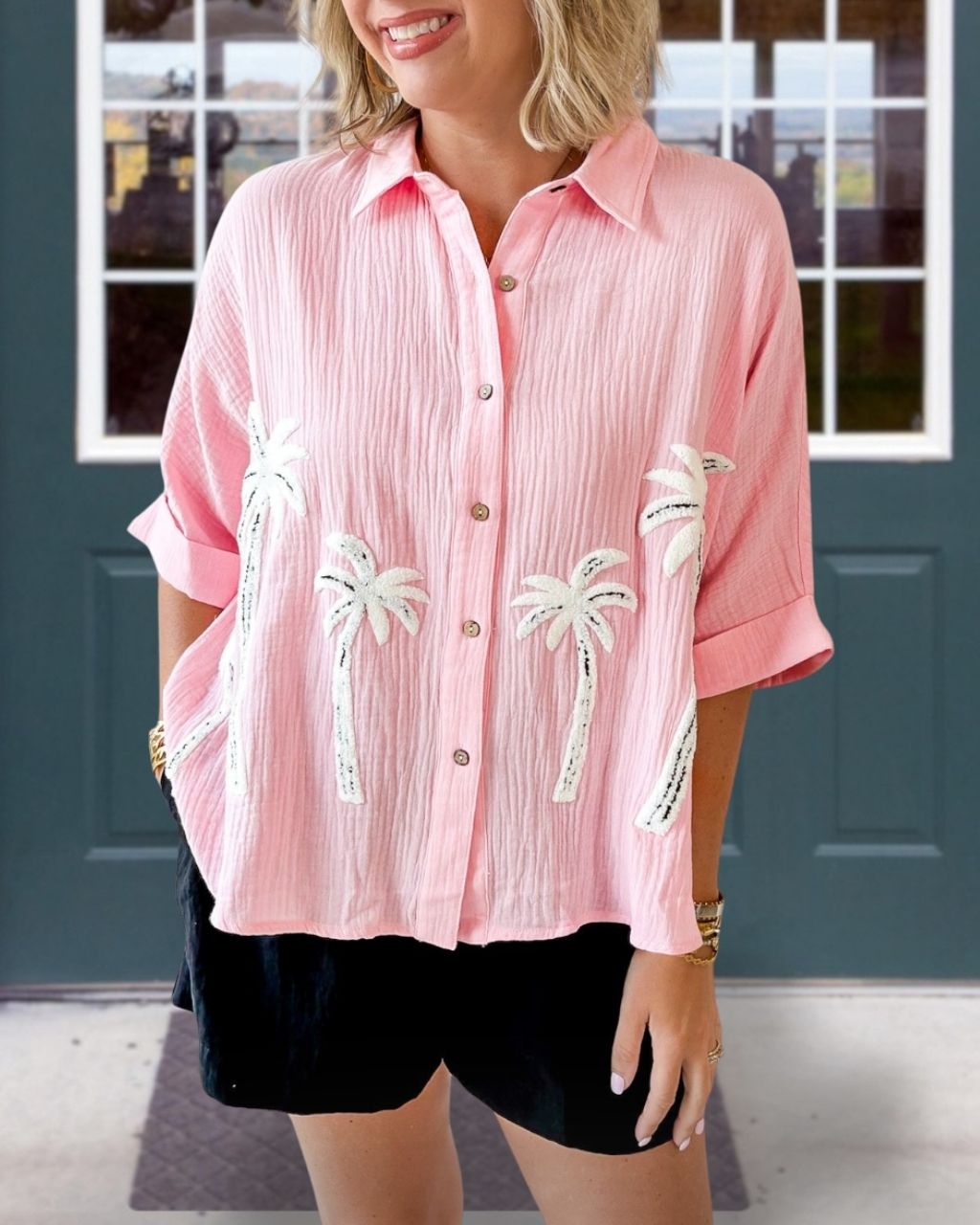 Palm Tree Embroidered Pleated Shirt