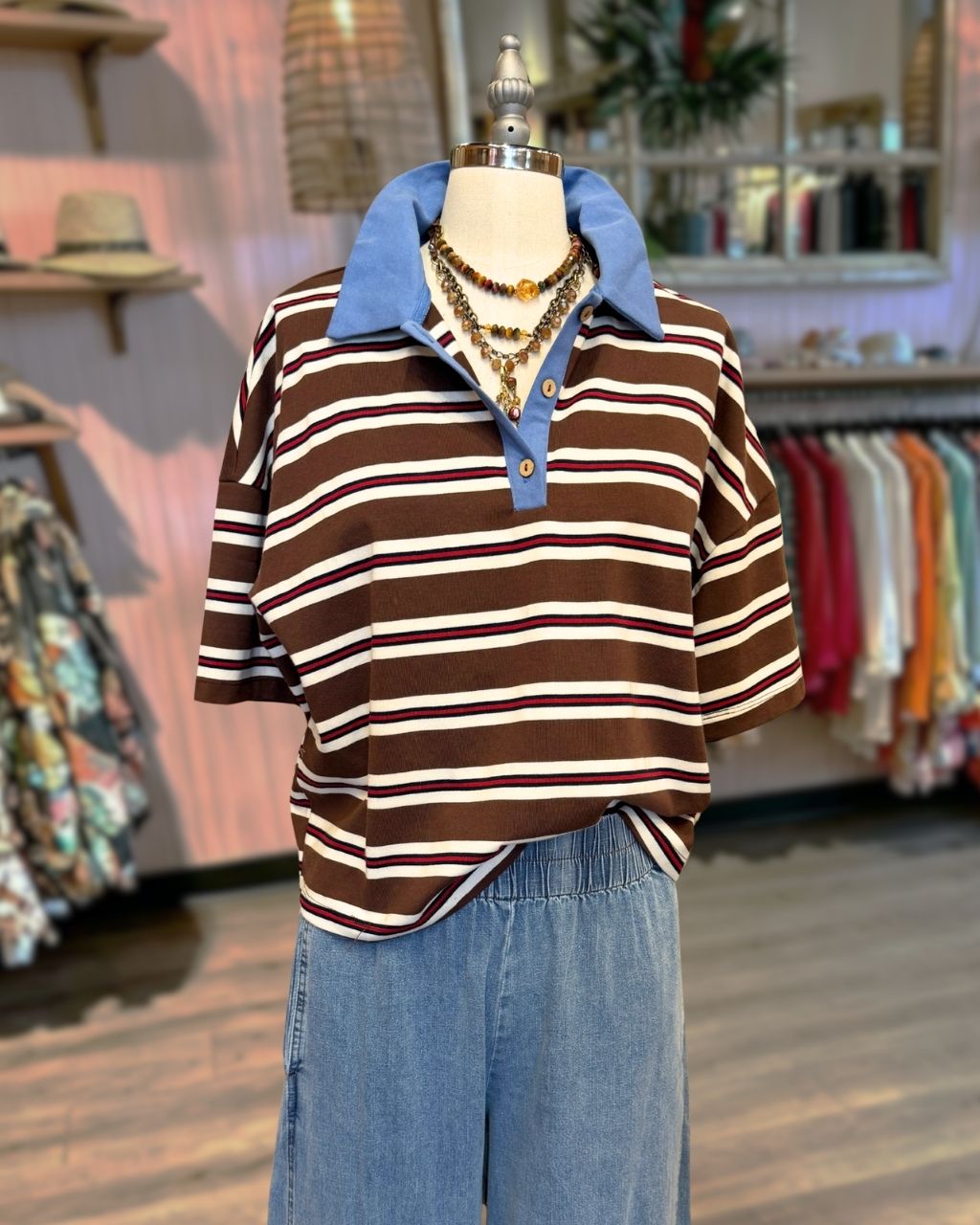 Color-blocked Polo Collar Striped Top