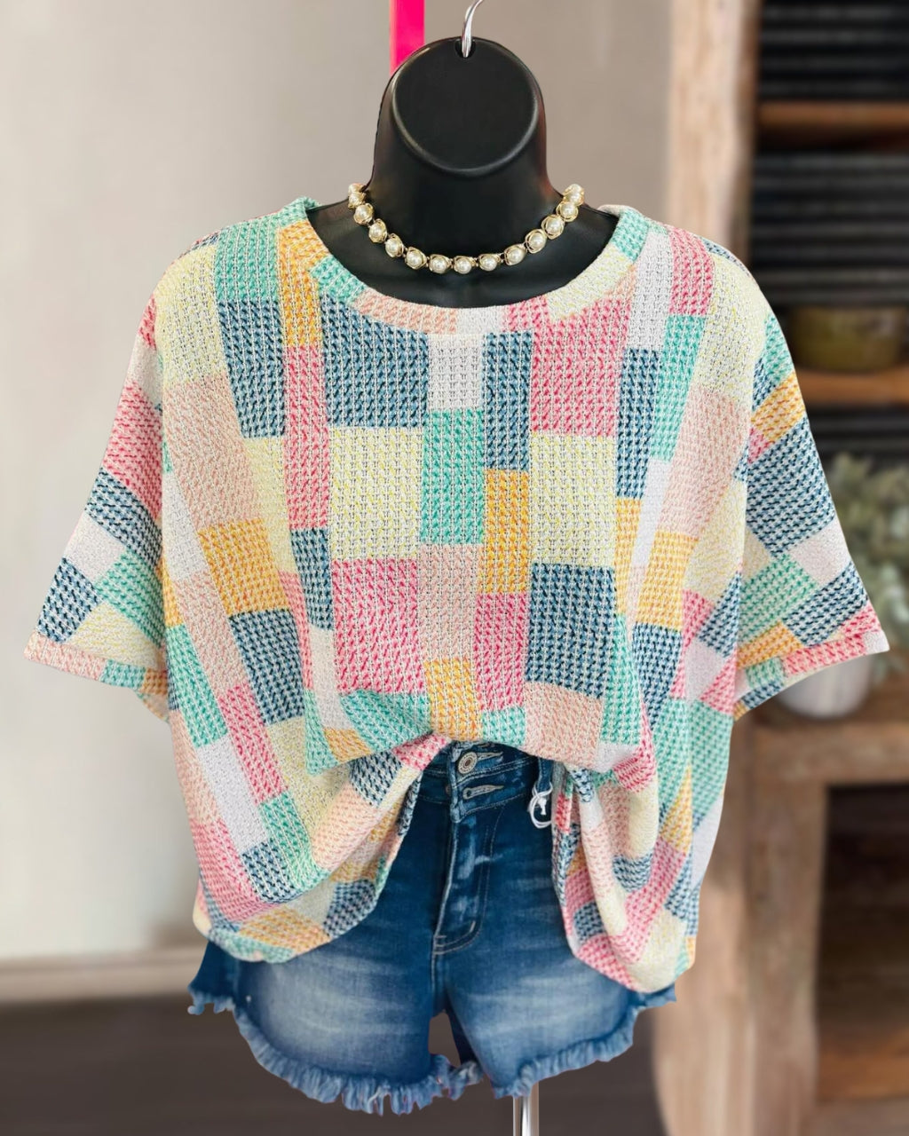 Multi-colored Plaid Knit Top