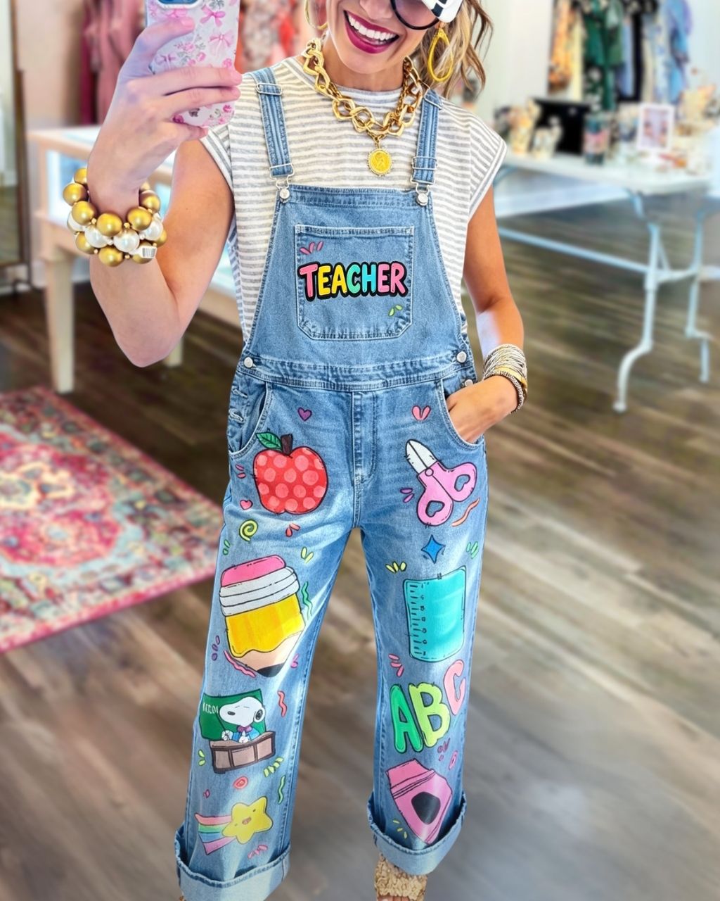 Teacher Supplies Printed Denim Overalls