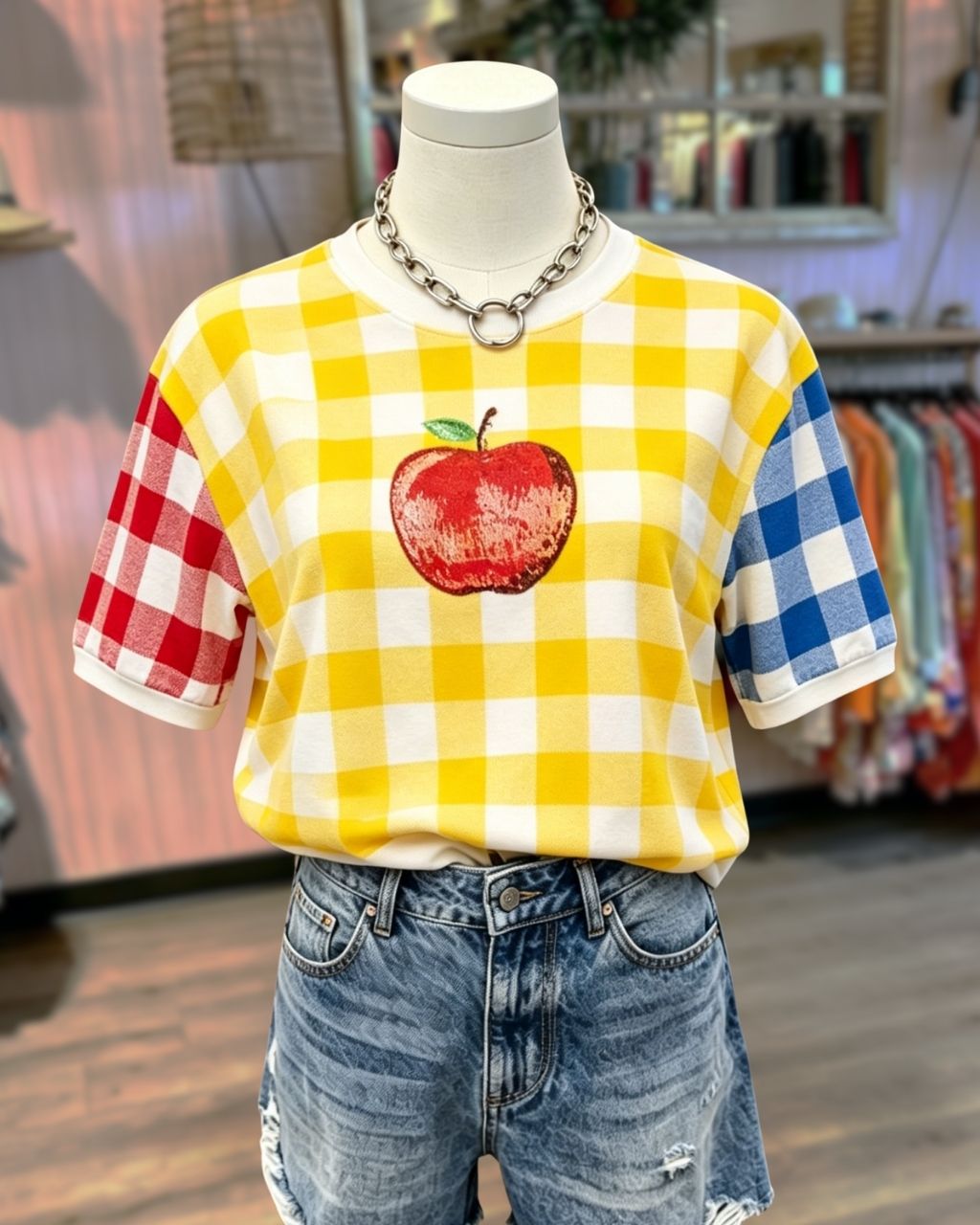 Apple Embroidered Plaid T-shirt
