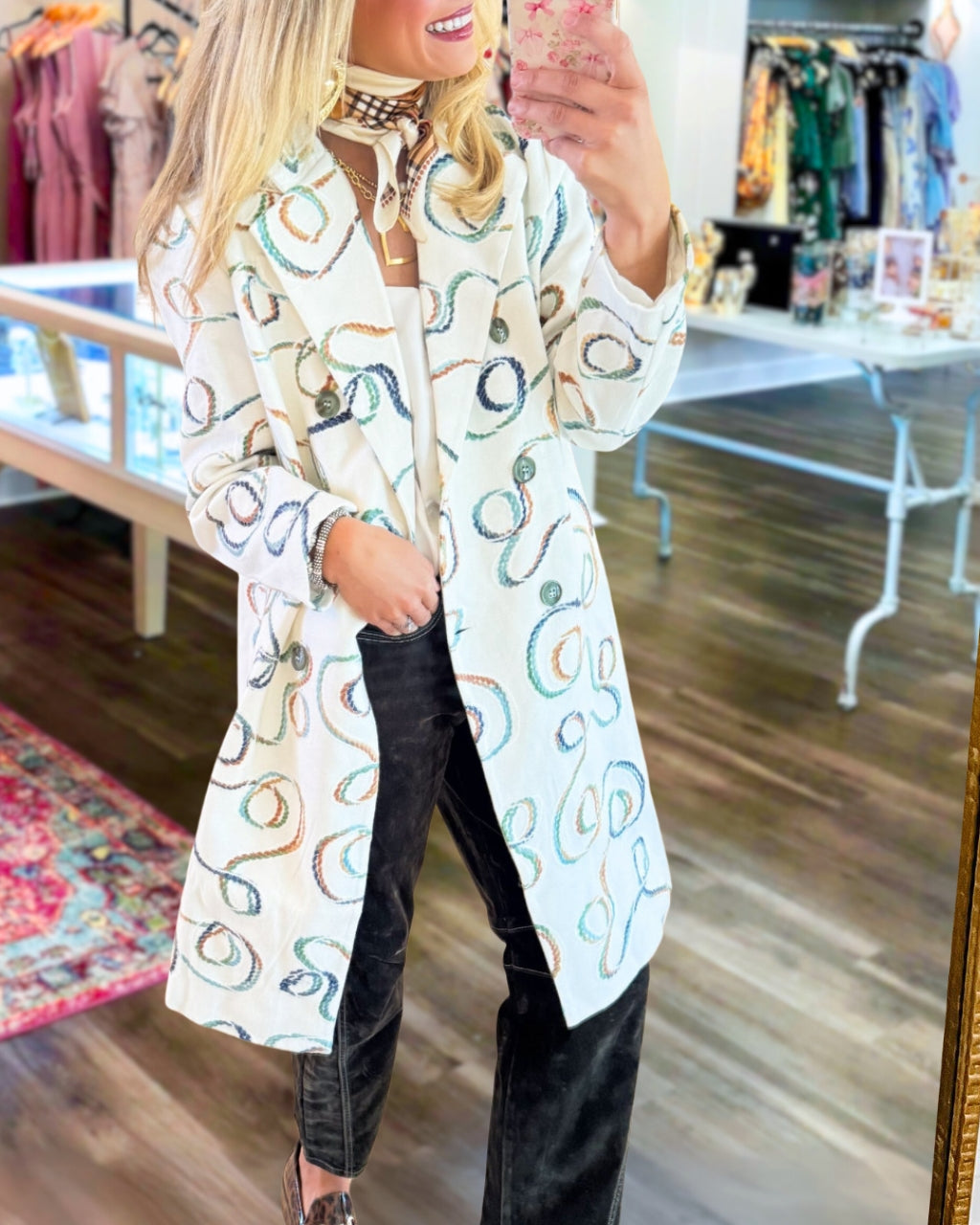 Chic Multi Print Collard Long Coat