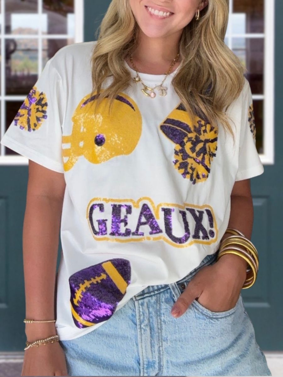 GEAUX Game Day Sequin Football Helmet T-Shirt