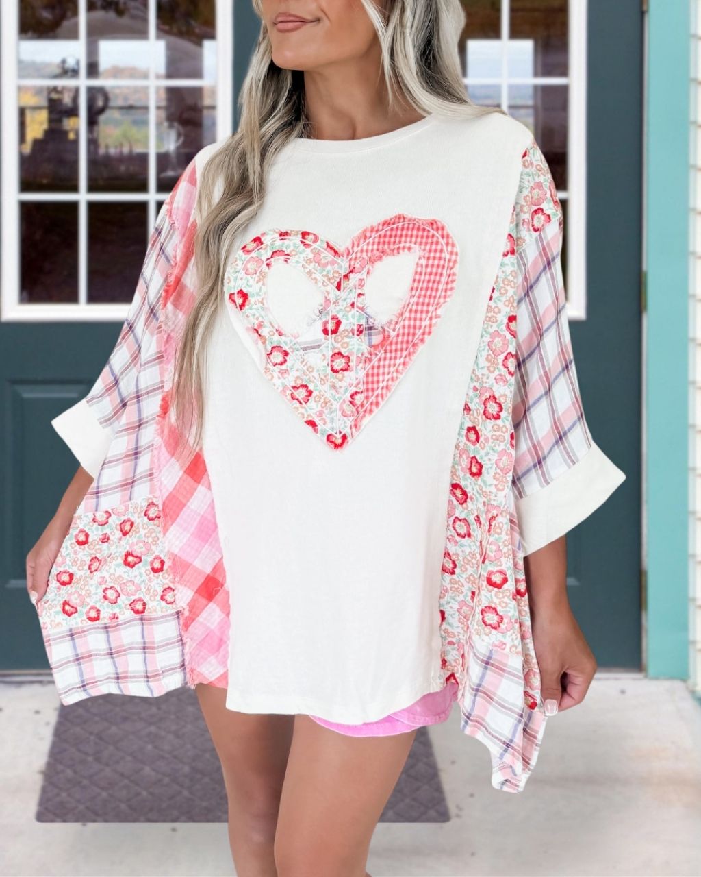 Plaid Floral Patchwork Heart-shaped Top
