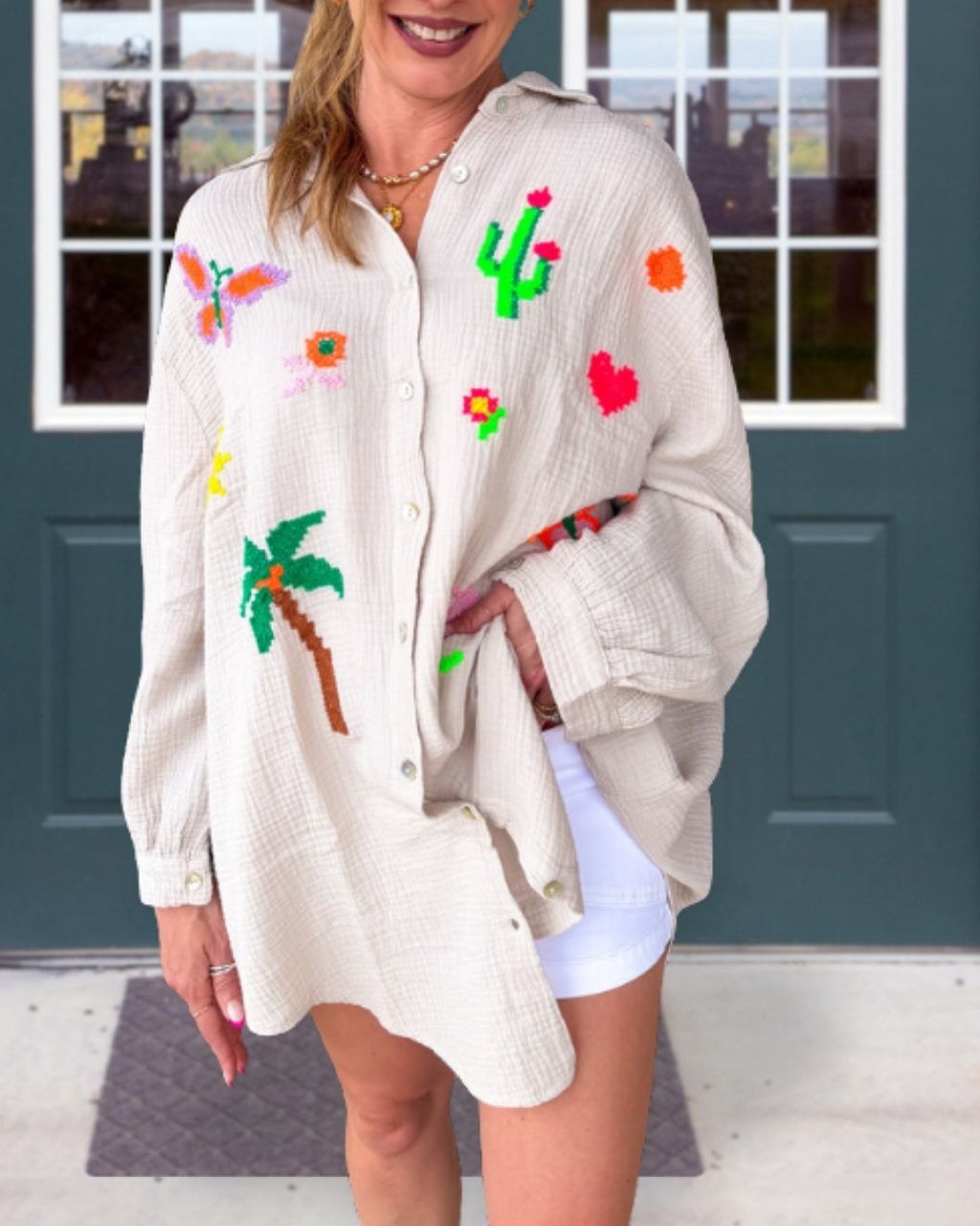 Oversized Palm Tree Embroidered Shirt