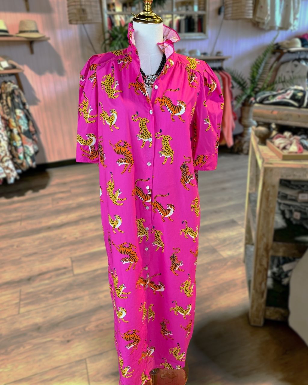 Tiger Leopard Print Satin Shirt Dress