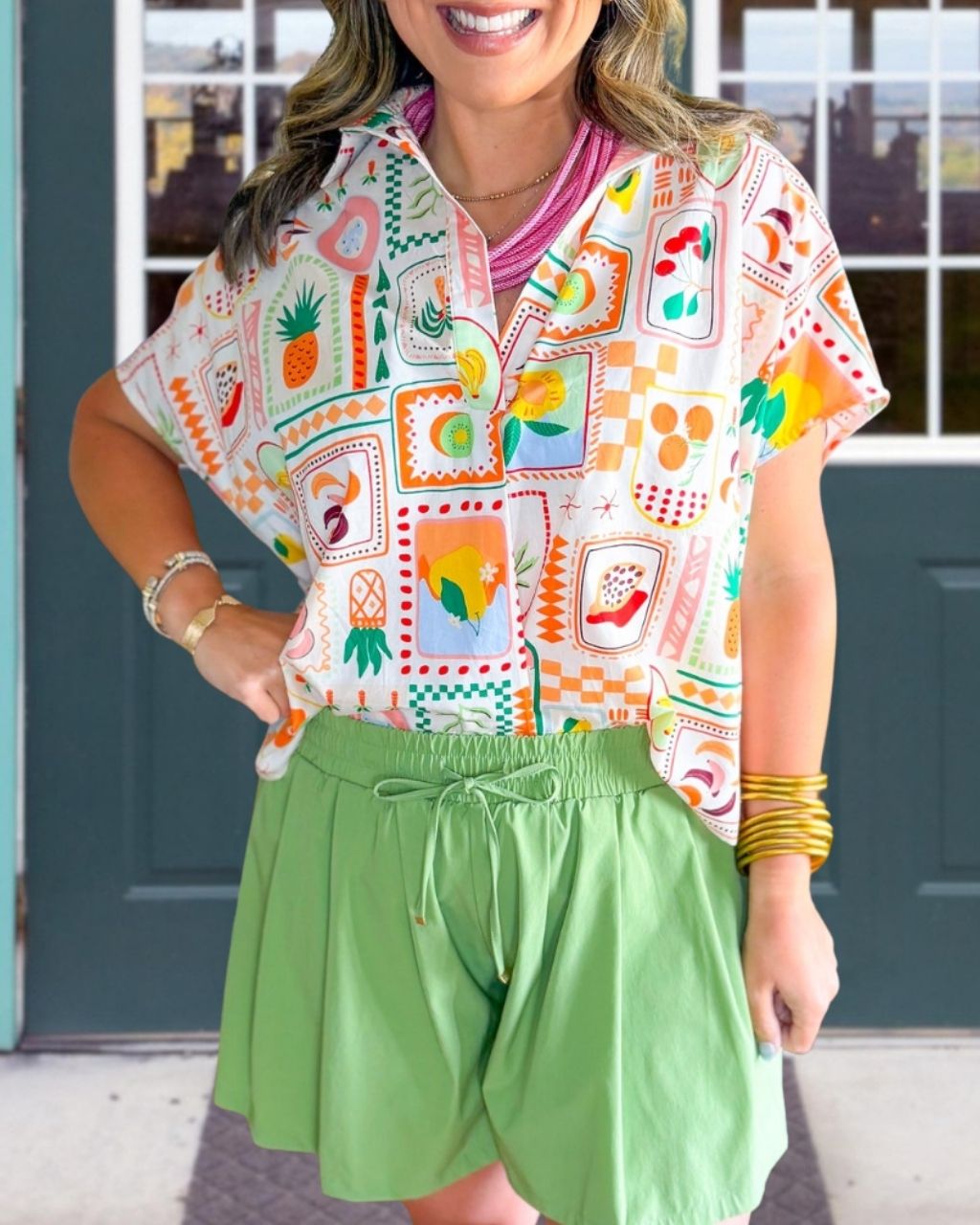 Playful Fruit V-Neck Satin Top