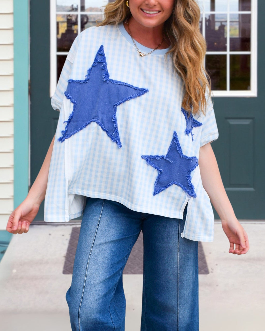Star Embroidered Plaid Top