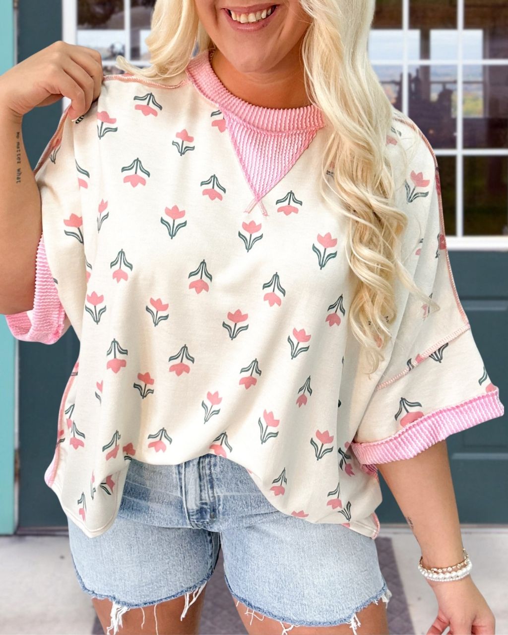 Tulip Print Ribbed Trim Top