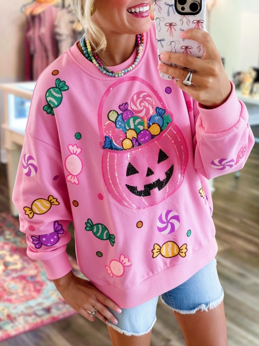 Halloween Sequin Pumpkin Candy Bucket Pullover