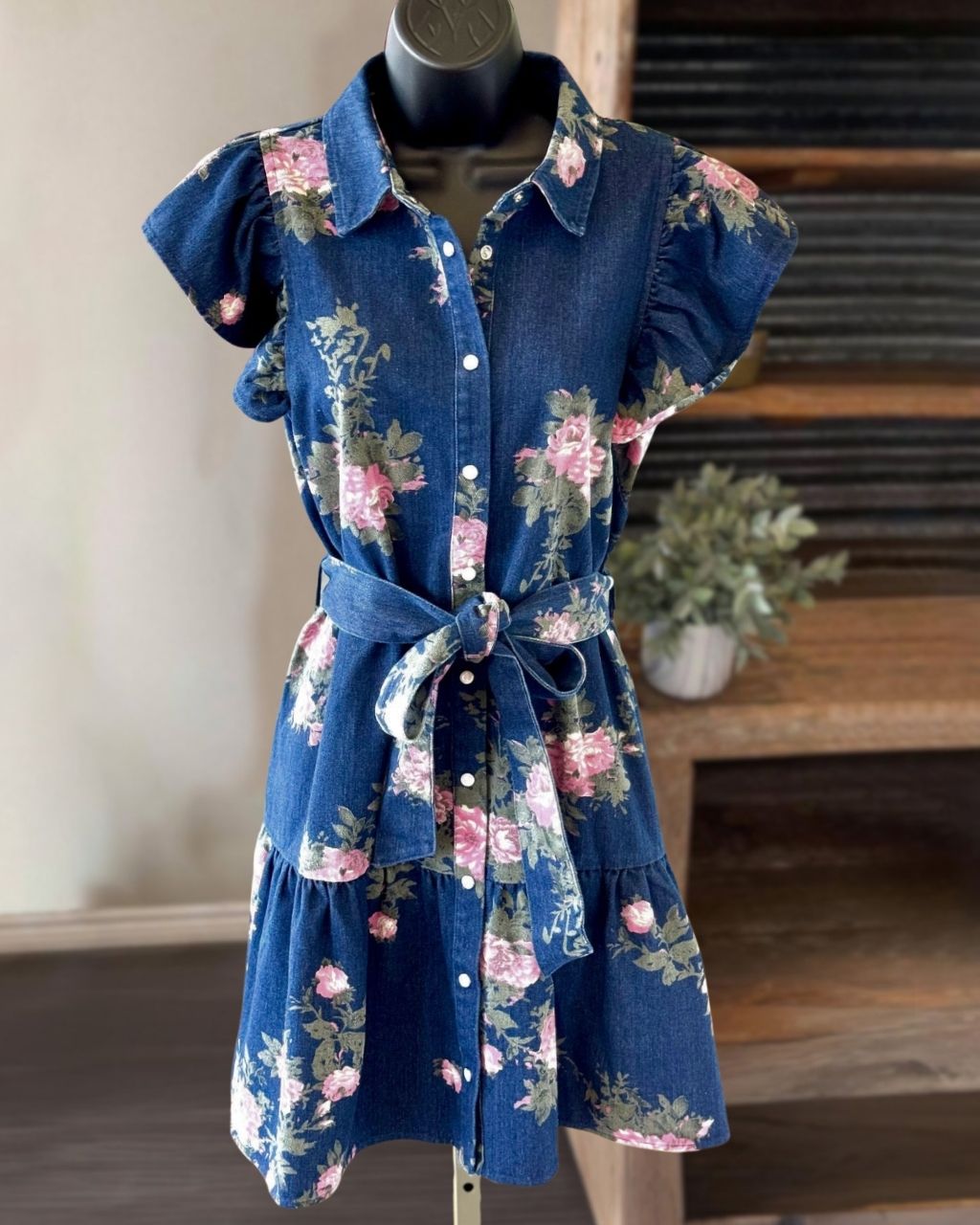 Floral Denim Belted Shirt Dress