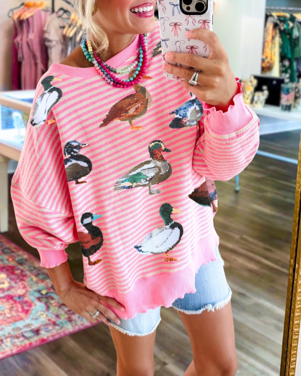 Cute Duck Sequin Stripe Sweatshirt