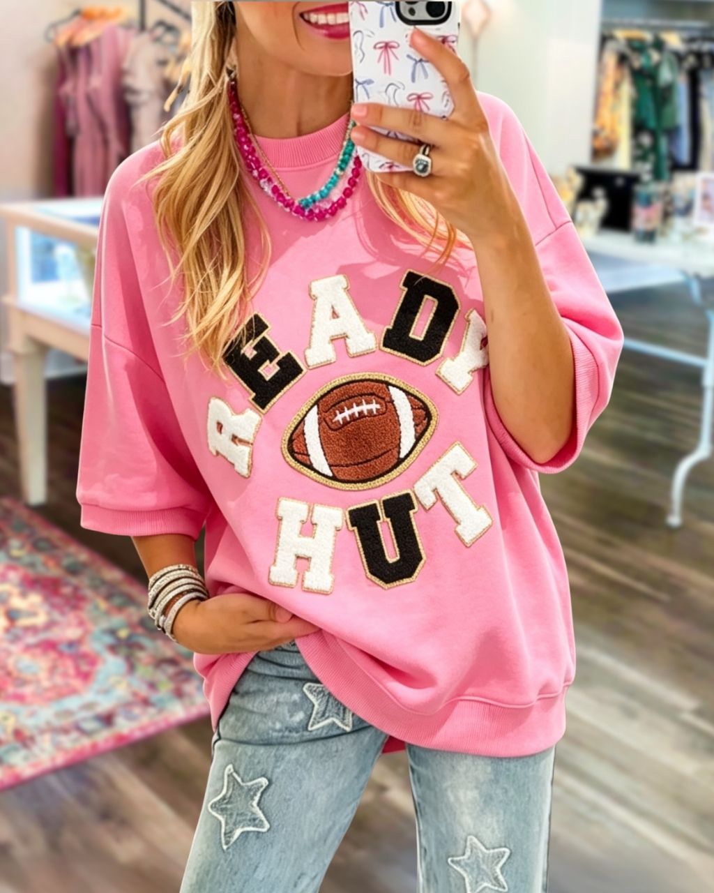Football READY HUT Chenille Embroidery T-shirt