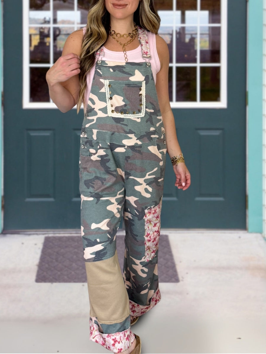 Camouflage Floral Patchwork Overalls