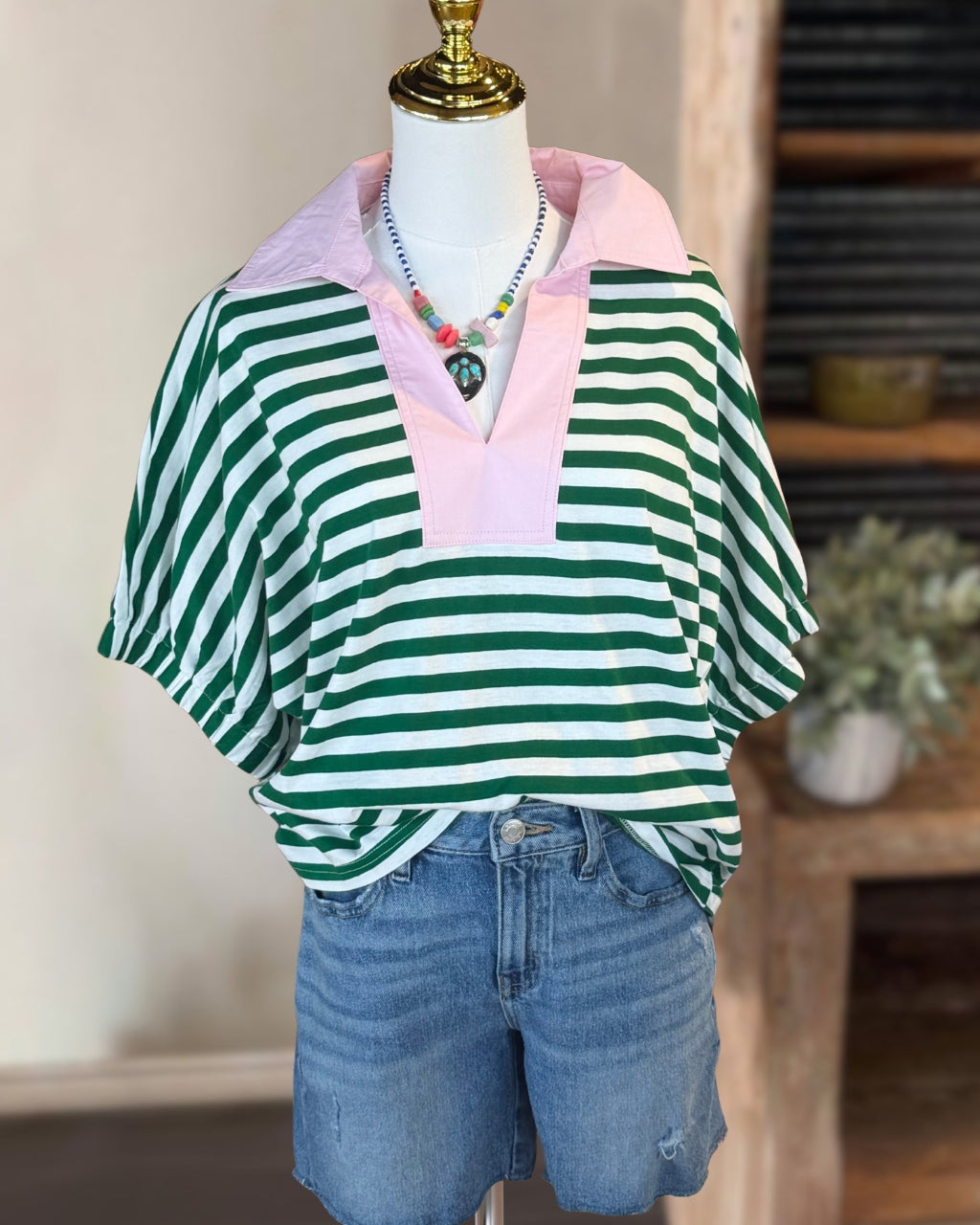 Contrasting V-neck Striped Top