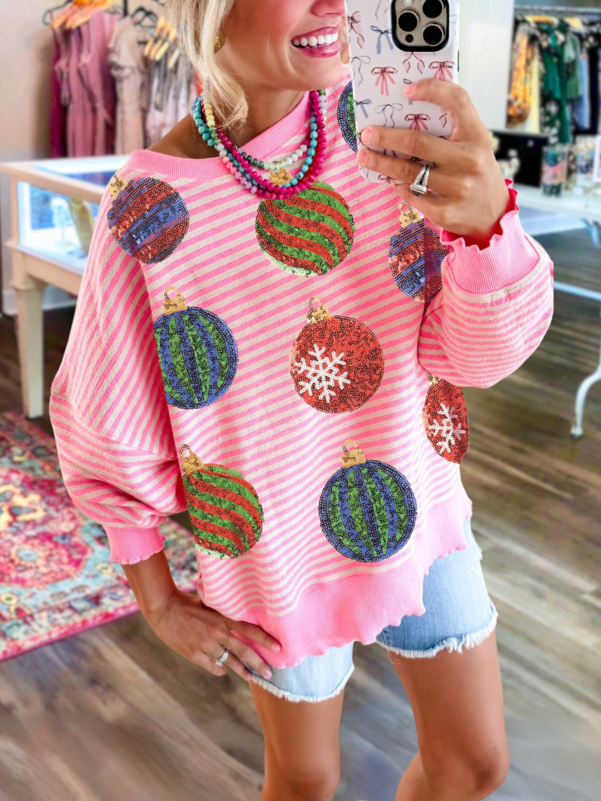 Christmas Ball Striped Sequined Pullover