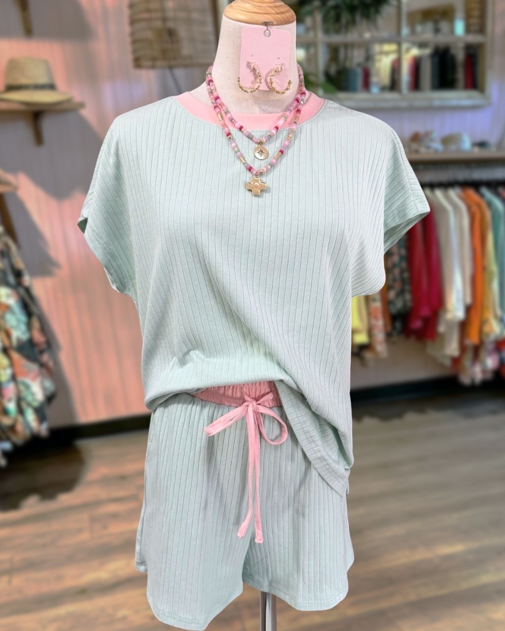 Contrast Trim Ribbed Shorts Set