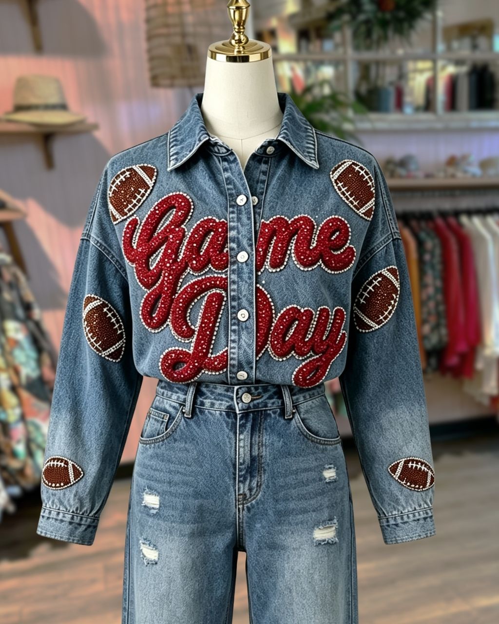 Game Day Sequined Football Denim Jacket