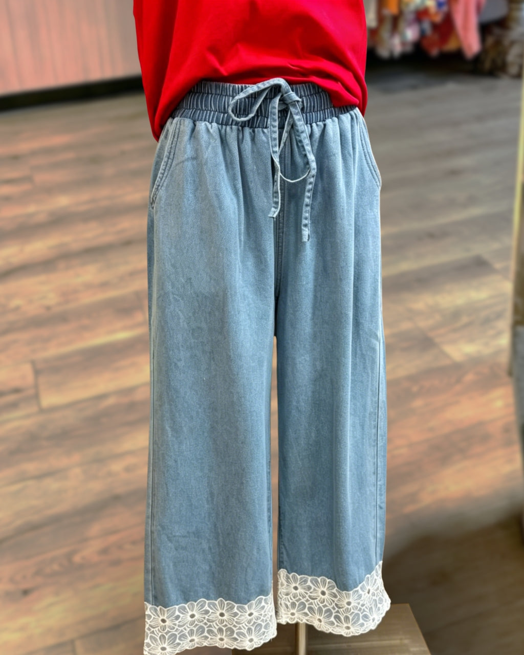 Floral Embroidered Hem Denim Pants