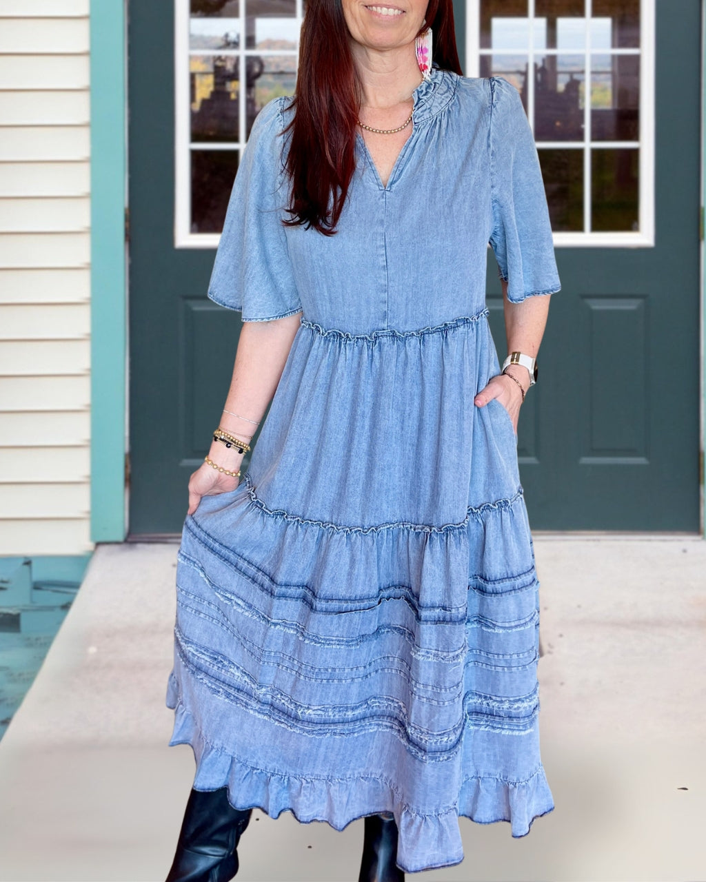 Chic Pleated Denim Maxi Dress