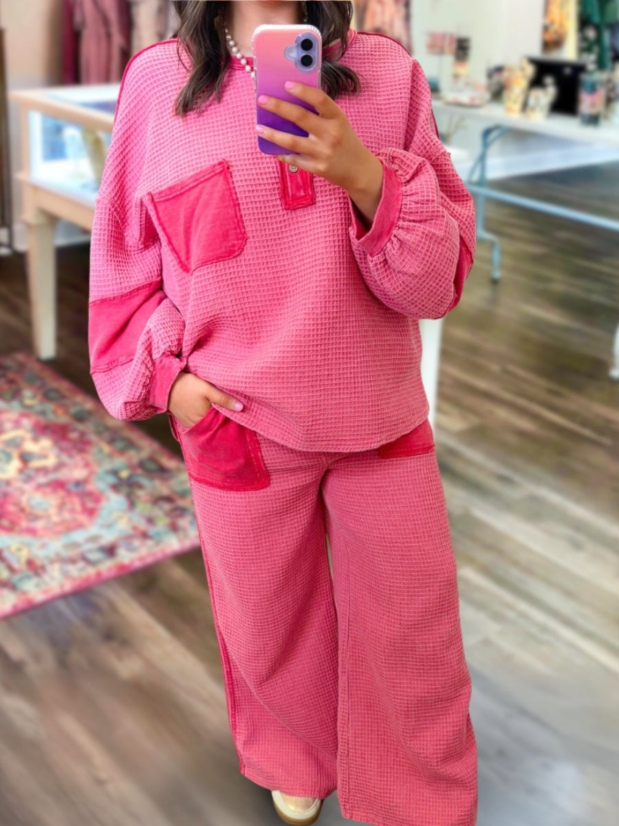 Casual Waffle Knit Color Block Set