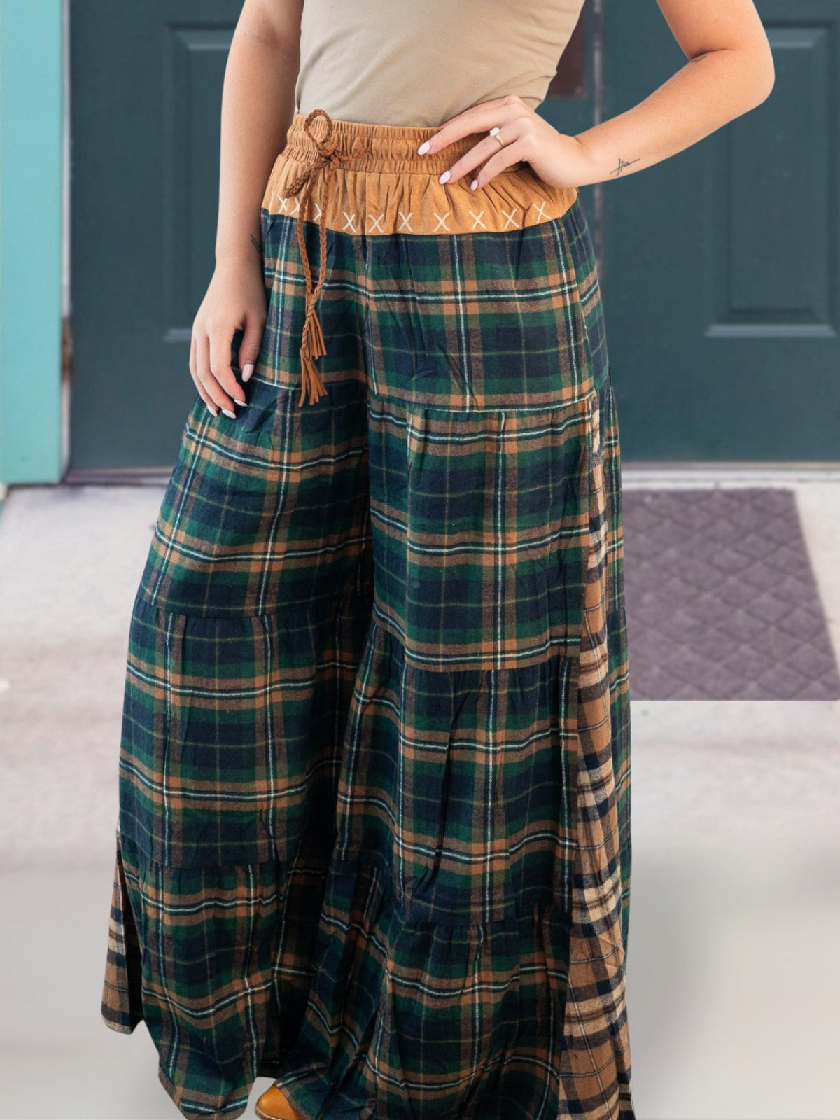 Ruffled Plaid Wool Blend Wide Leg Pants