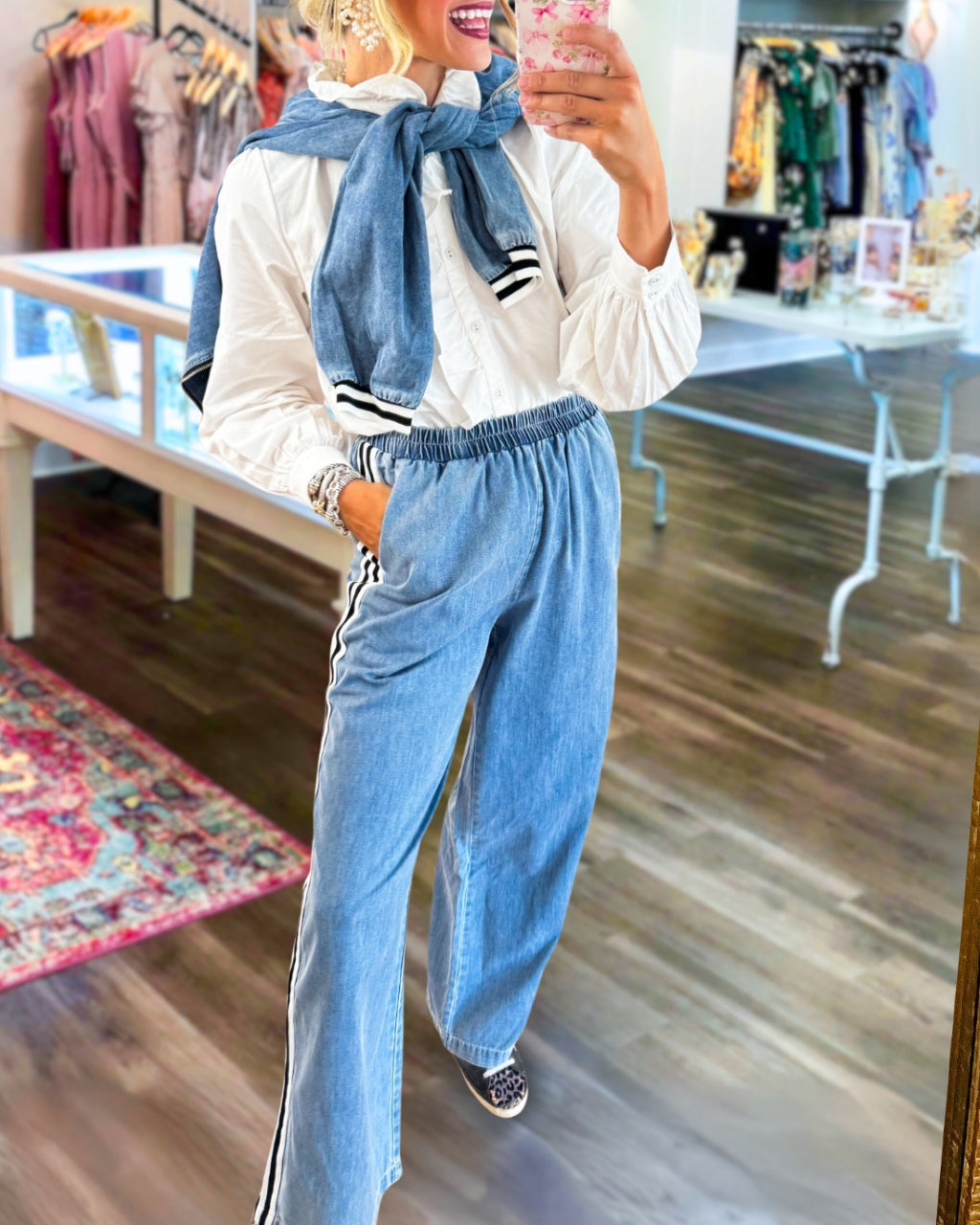 Chic Wide Leg Denim Side Stripe Pants