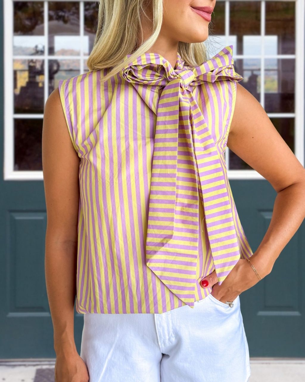 Bow Tie Striped Sleeveless Satin Top