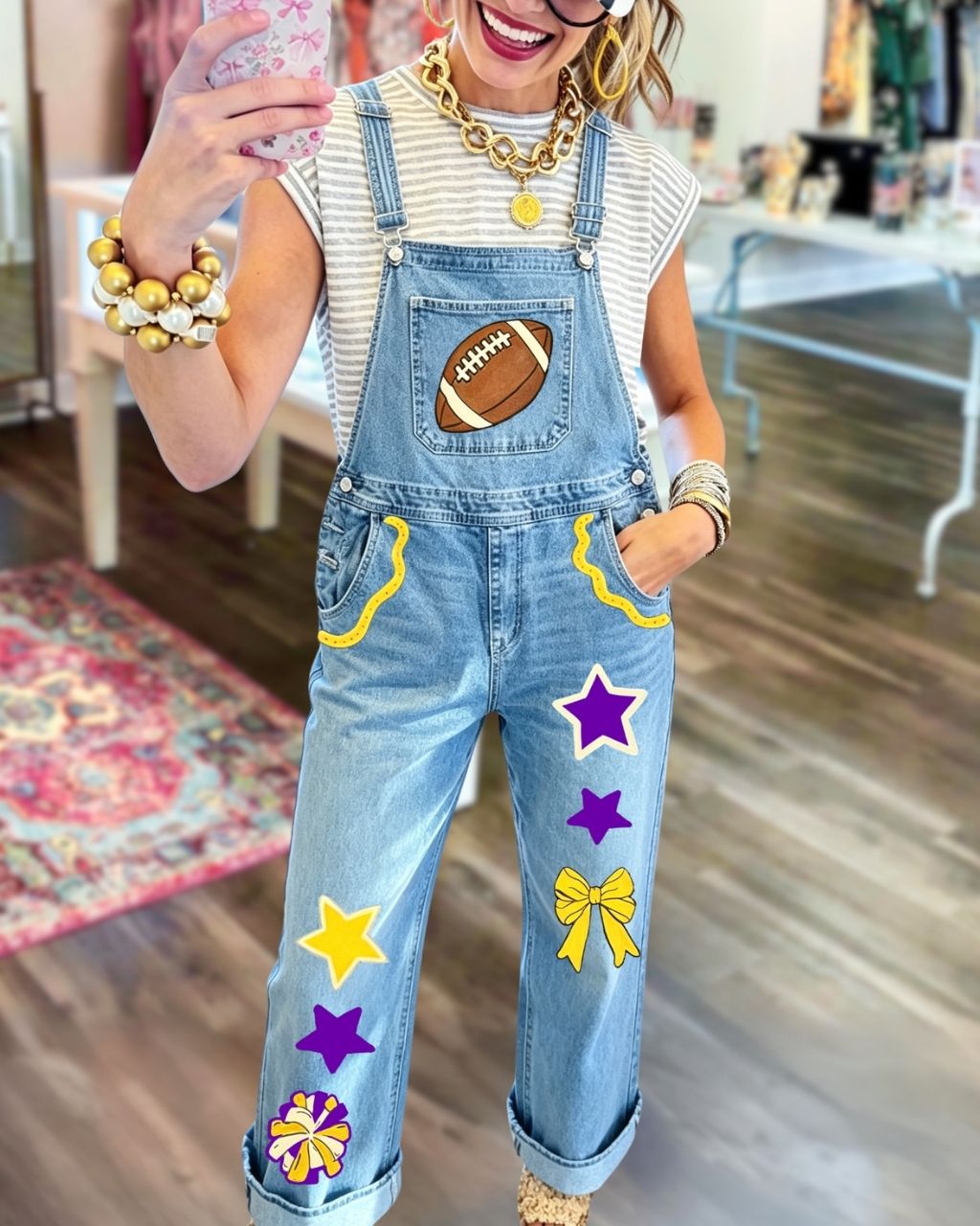 Celebrating Football Print Game Day Denim Overalls