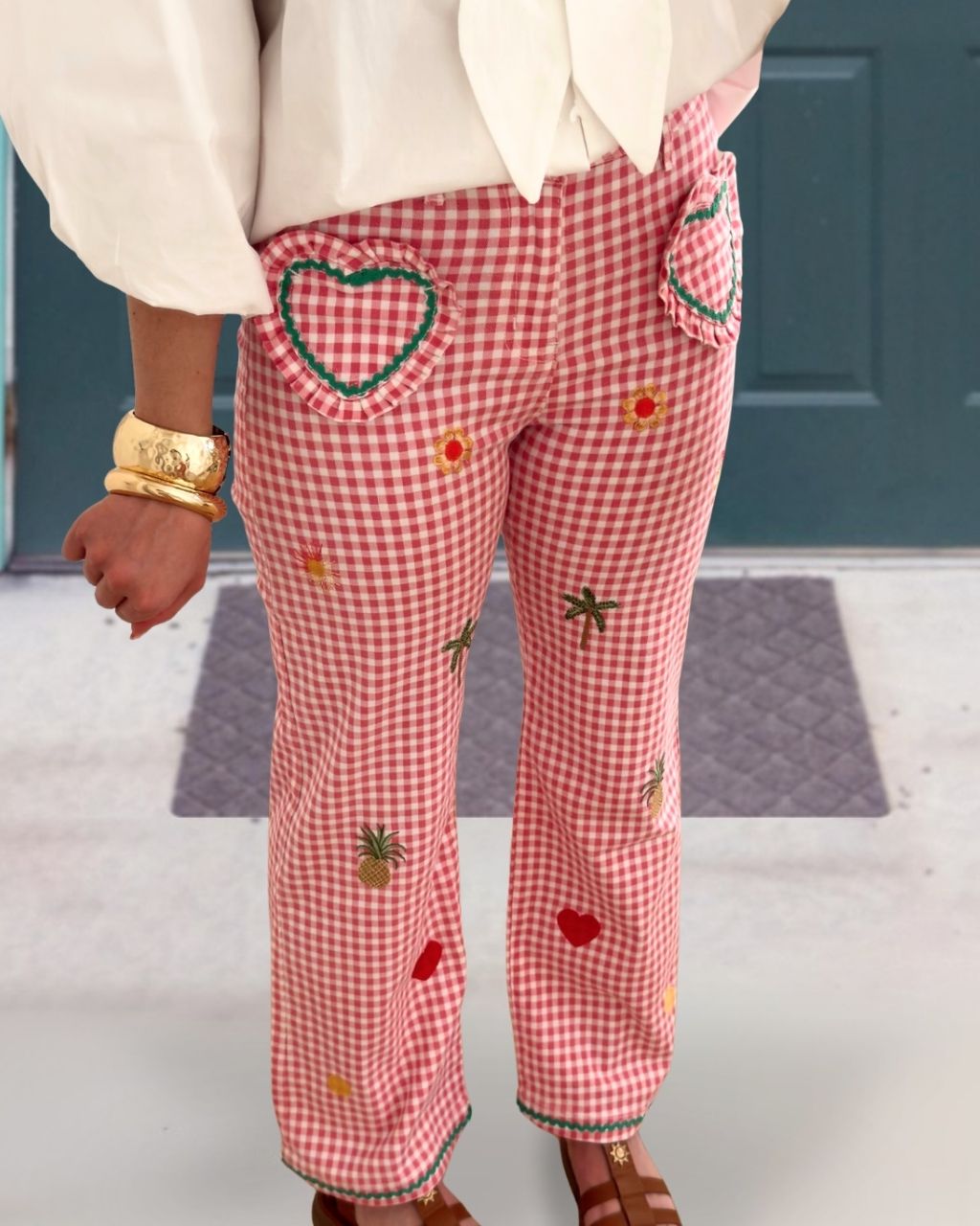 Heart Appliqué Embroidered Plaid Pants