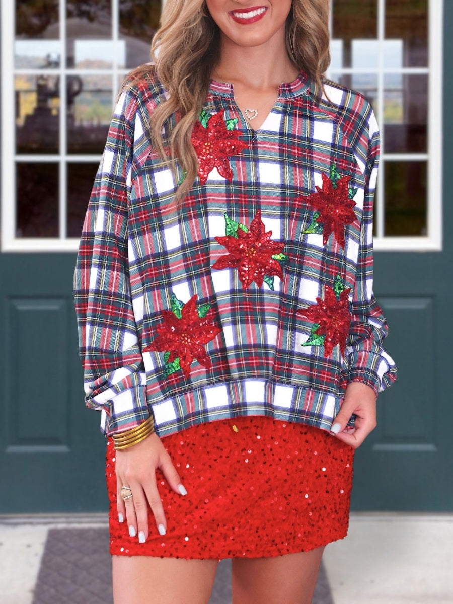Plaid Floral Sequined Wool-Blend Top