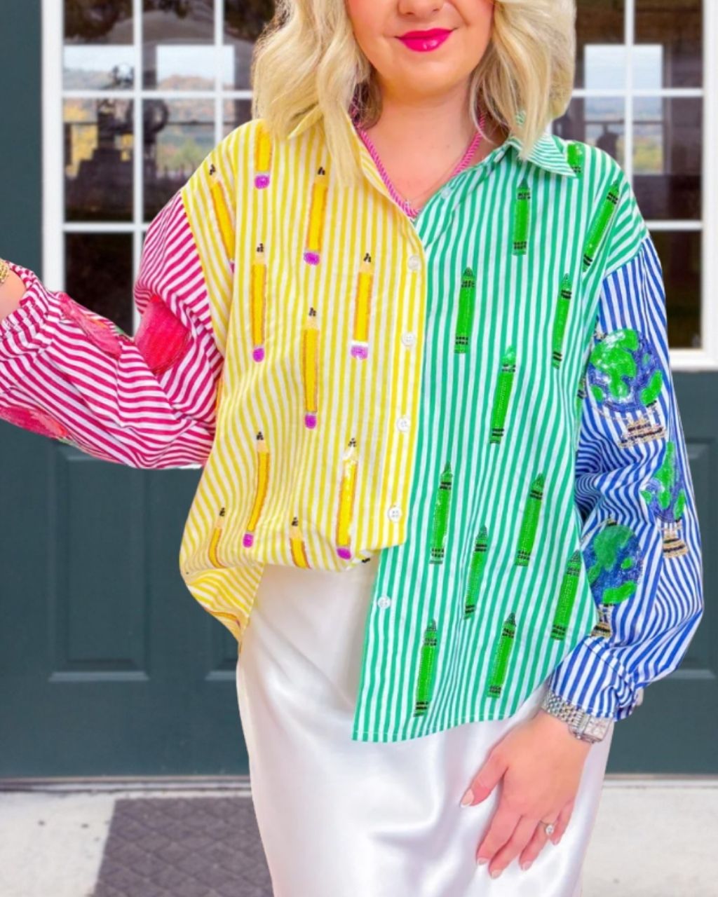 Color-blocked Striped Pencil Sequin Shirt