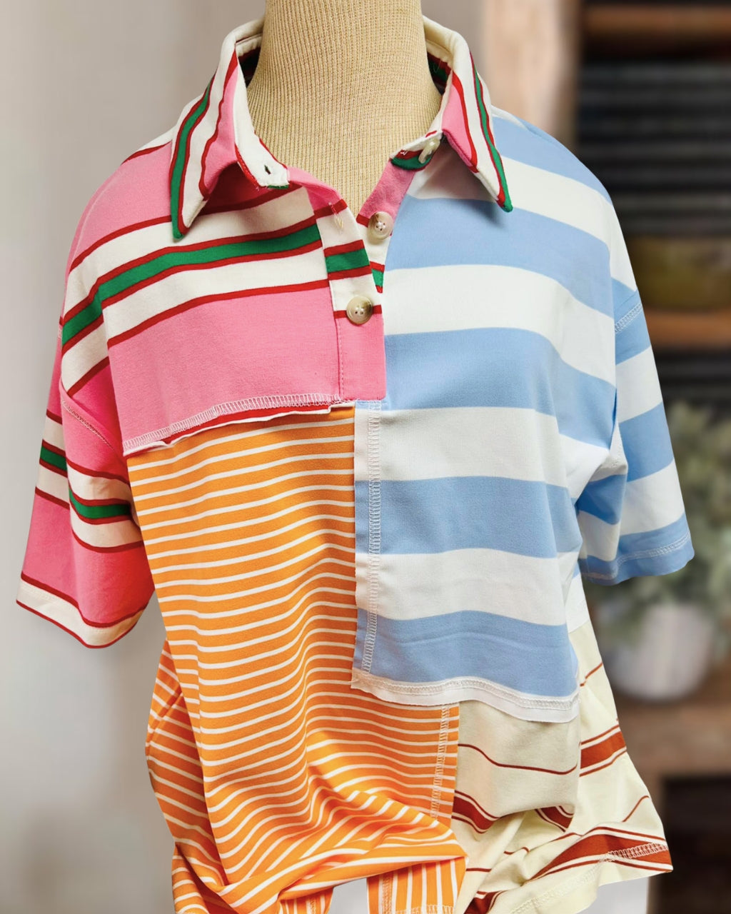 Colorblock Striped Patchwork Polo Top
