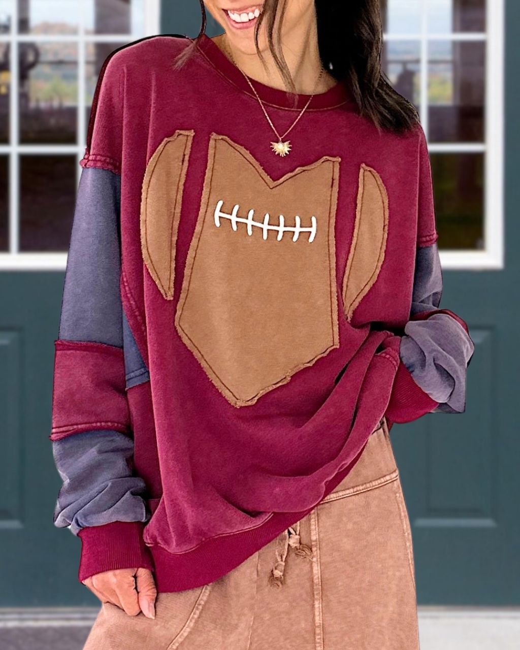 Football Embroidered Appliqué Washed Pullover