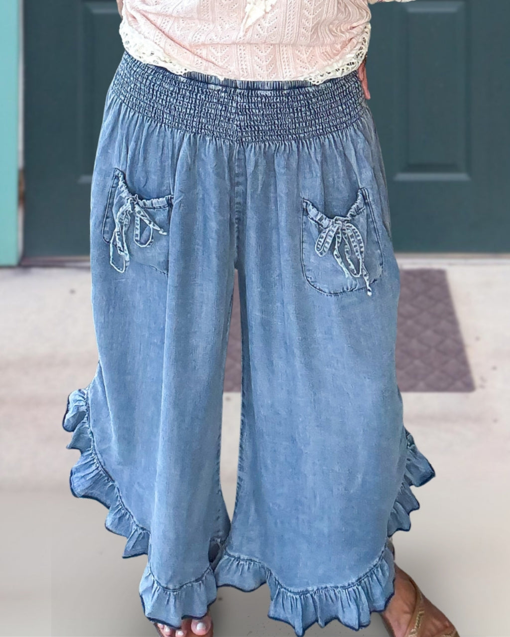 Smocked Ruffle Trimmed Jeans