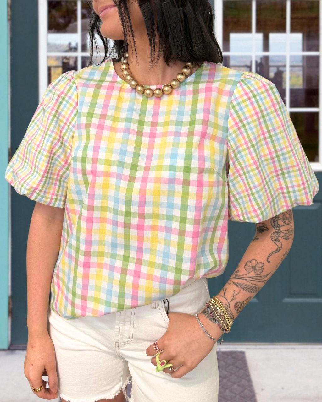 Colorful Plaid Puff Sleeve Top